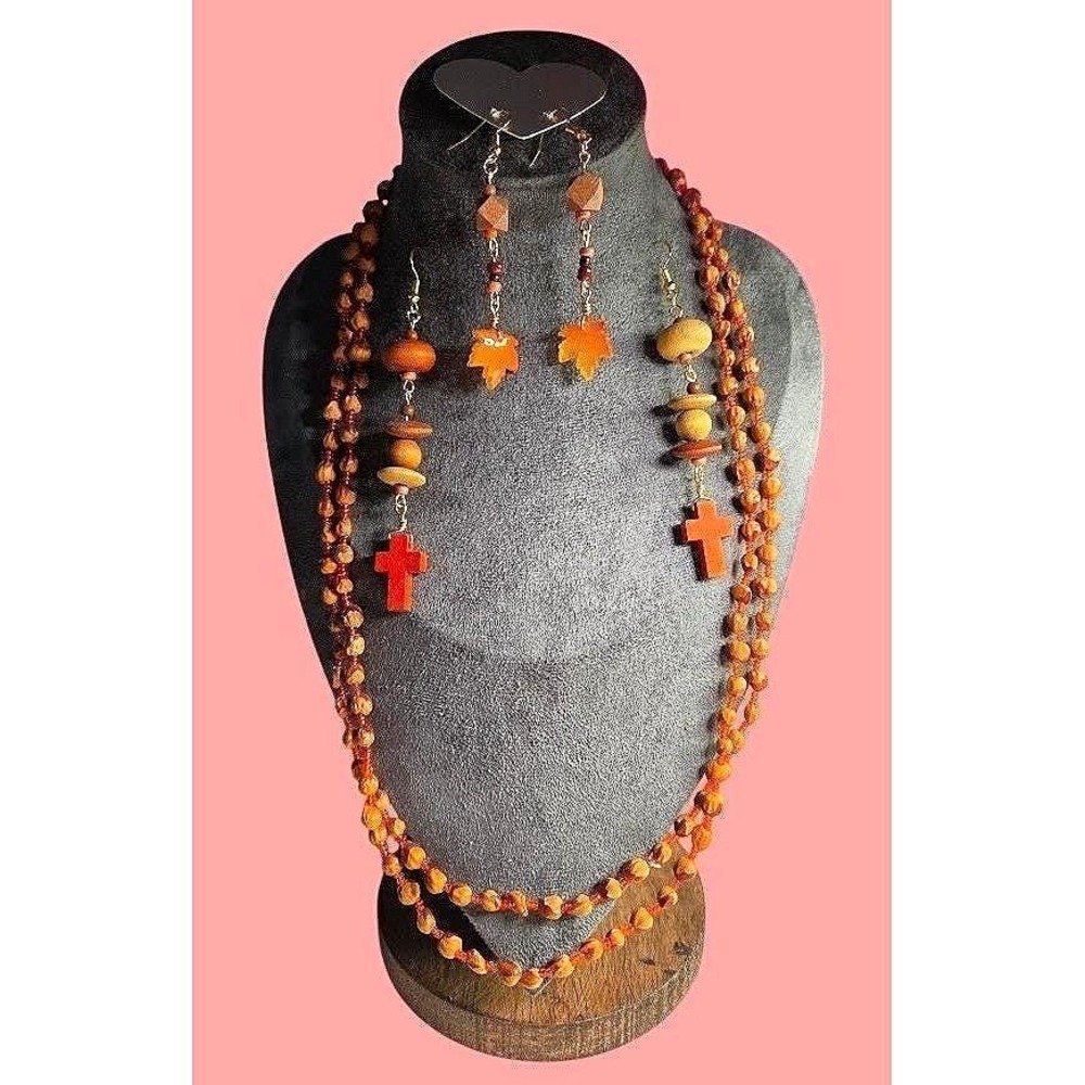 Vintaged Curated Jewelry Set Ghost Bead Cedar Berry Necklace Wood Earrings Boho